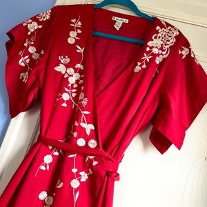 Red ivory embroidered kimono wrap mini dress